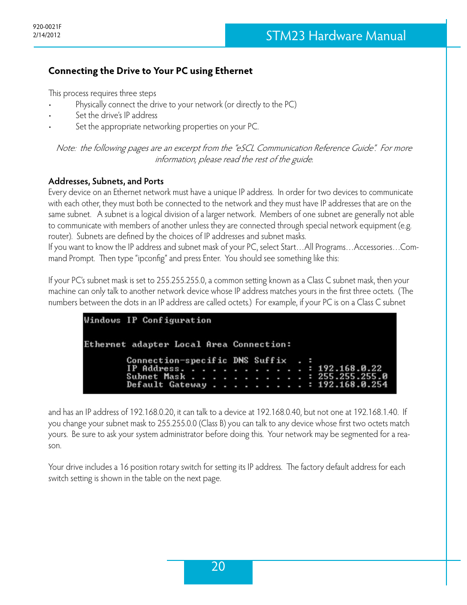 Connecting the drive to your pc using ethernet, Addresses, subnets, and ports, 20 stm23 hardware manual | Applied Motion STM23C-3CE User Manual | Page 20 / 48