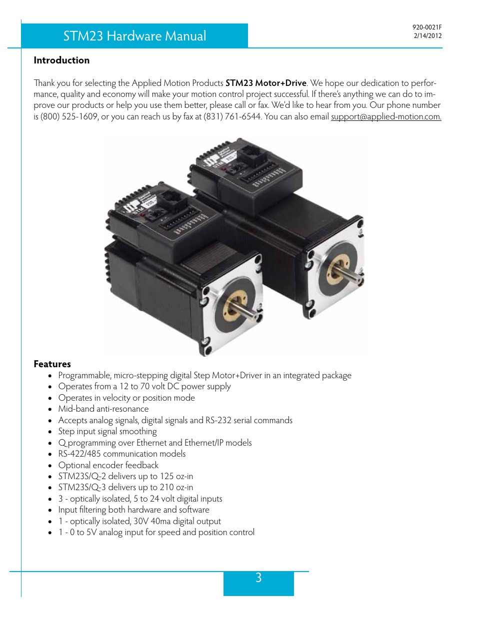 Introduction, Features, 3stm23 hardware manual | Applied Motion STM23C-3CE User Manual | Page 3 / 48