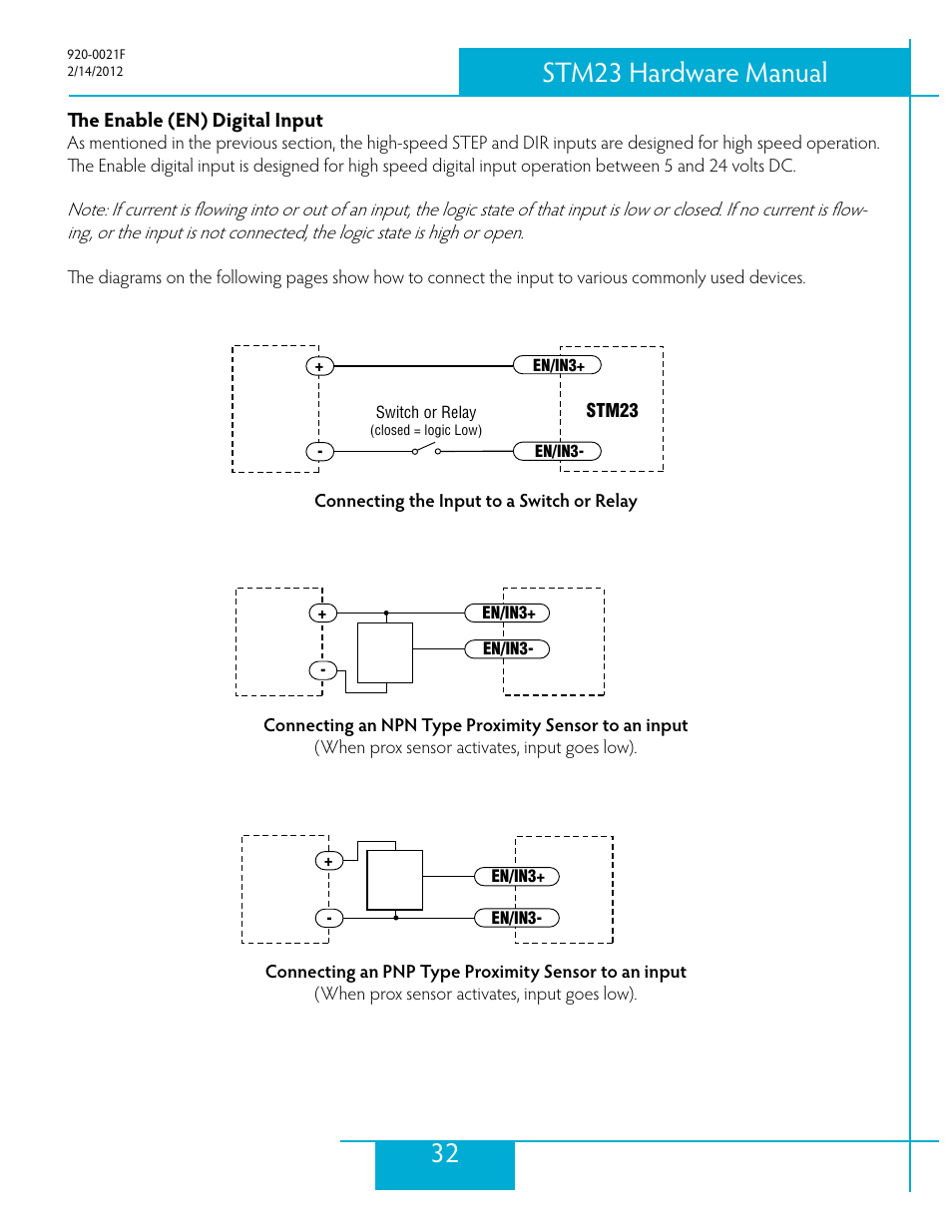 The enable (en) digital input, 32 stm23 hardware manual | Applied Motion STM23C-3CE User Manual | Page 32 / 48
