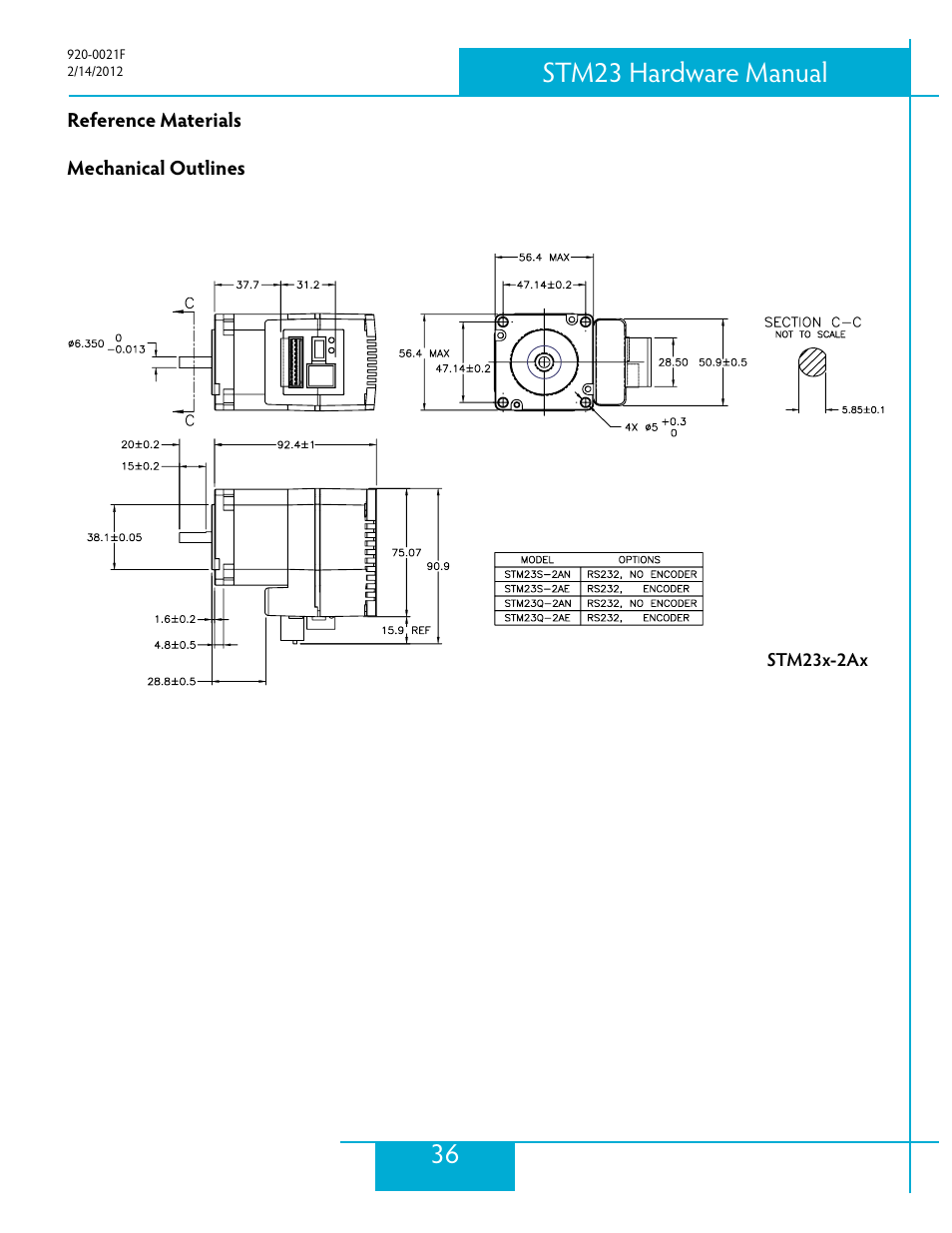 Reference materials, Mechanical outlines, 36 stm23 hardware manual | Applied Motion STM23C-3CE User Manual | Page 36 / 48