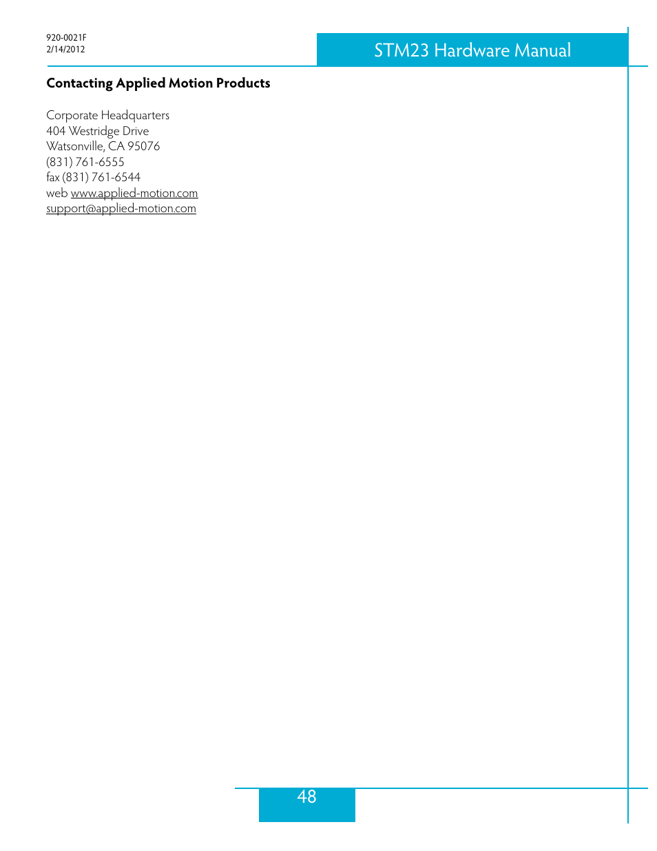 Contacting applied motion products, 48 stm23 hardware manual | Applied Motion STM23C-3CE User Manual | Page 48 / 48