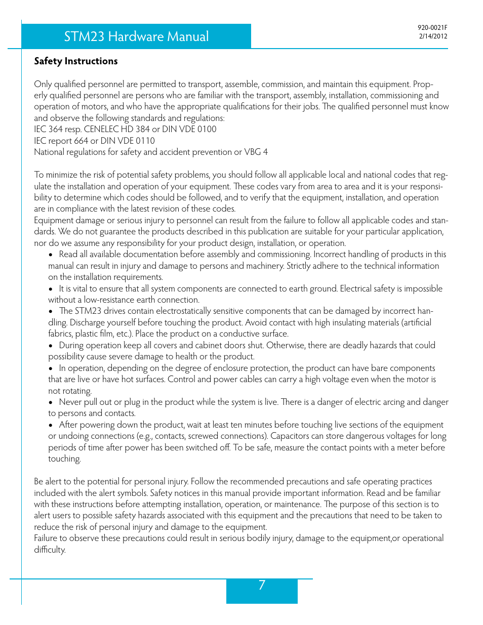 Safety instructions, 7stm23 hardware manual | Applied Motion STM23C-3CE User Manual | Page 7 / 48