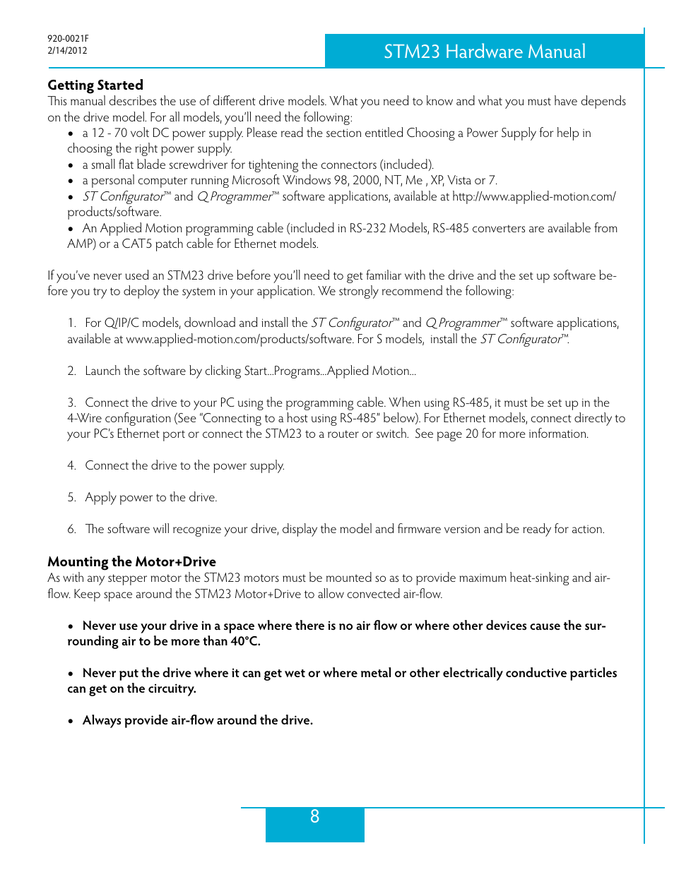 Getting started, Mounting the motor+drive, 8stm23 hardware manual | Applied Motion STM23C-3CE User Manual | Page 8 / 48