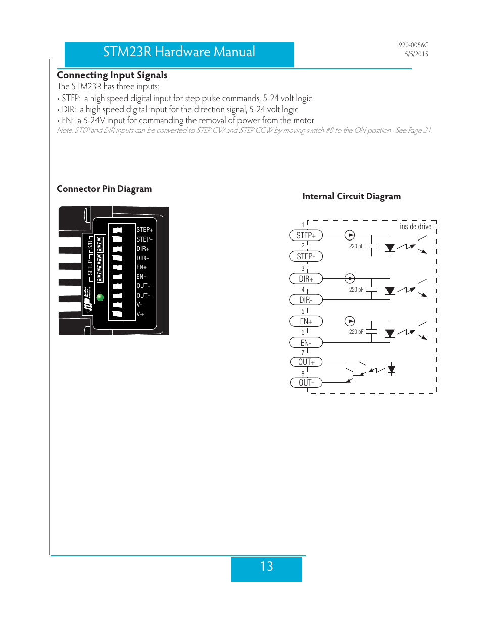 Connecting input signals, Connector pin diagram, Internal circuit diagram | 13 stm23r hardware manual, Connector pin diagram internal circuit diagram | Applied Motion STM23R-2ND User Manual | Page 13 / 36