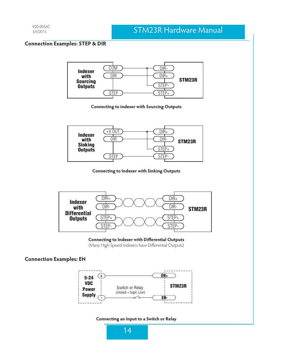 Connection examples: step & dir, Connection examples: en, 14 stm23r hardware manual | Applied Motion STM23R-2ND User Manual | Page 14 / 36