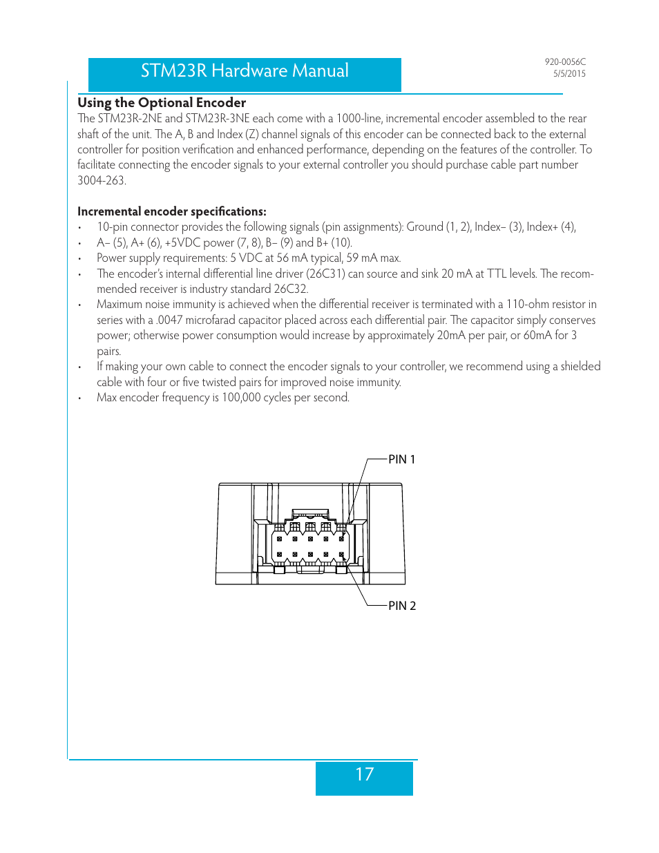 Using the optional encoder, 17 stm23r hardware manual | Applied Motion STM23R-2ND User Manual | Page 17 / 36