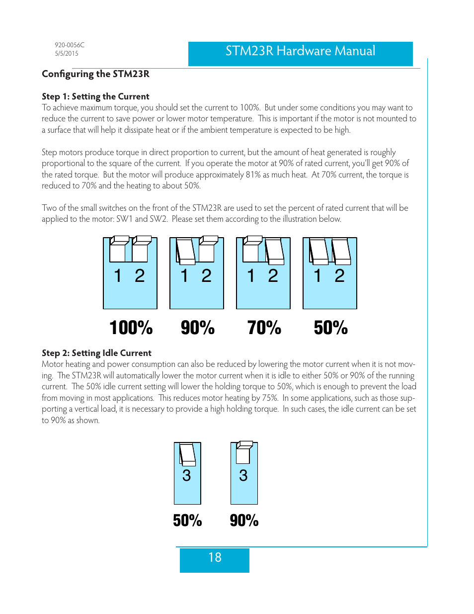Configuring the stm23r, Step 1: setting the current, Step 2: setting idle current | 18 stm23r hardware manual | Applied Motion STM23R-2ND User Manual | Page 18 / 36