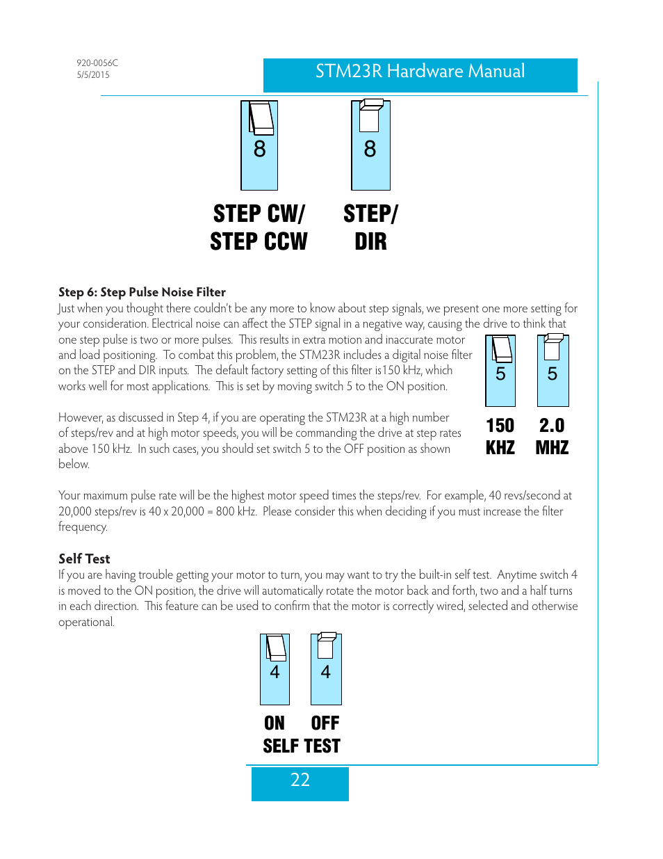 Step 6: step pulse noise filter, Self test, 8step cw/ step ccw step/ dir 8 | 22 stm23r hardware manual | Applied Motion STM23R-2ND User Manual | Page 22 / 36