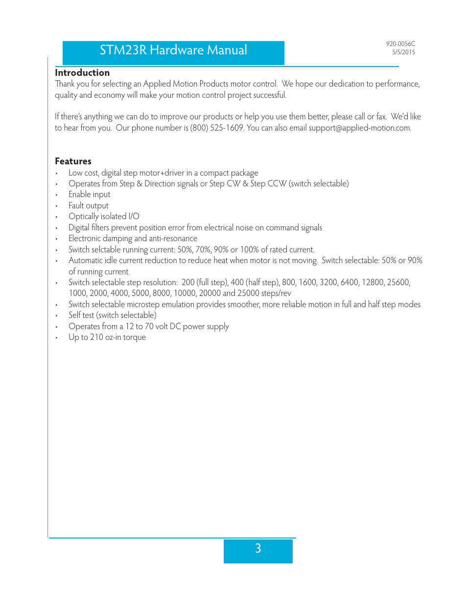 Introduction, Features, 3stm23r hardware manual | Applied Motion STM23R-2ND User Manual | Page 3 / 36