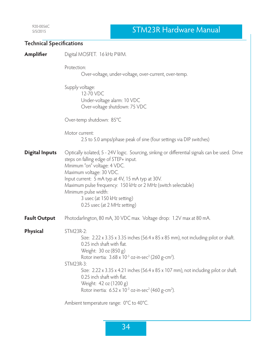 Technical specifications, 34 stm23r hardware manual | Applied Motion STM23R-2ND User Manual | Page 34 / 36