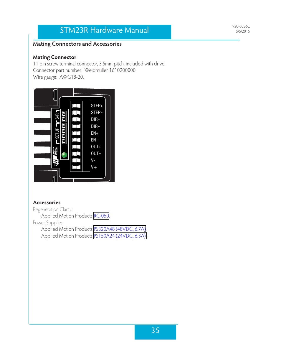 Mating connectors and accessories, 35 stm23r hardware manual | Applied Motion STM23R-2ND User Manual | Page 35 / 36