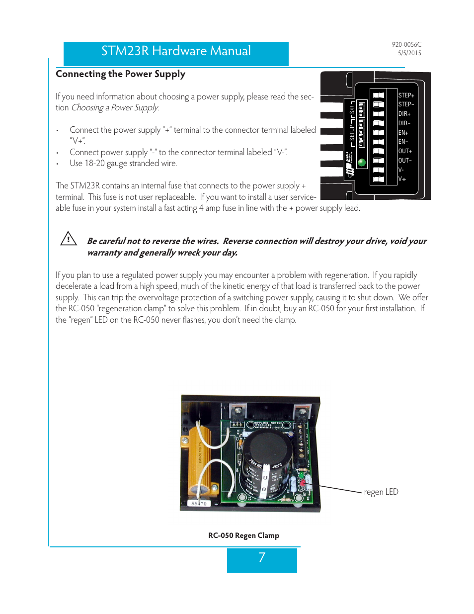 Connecting the power supply, 7stm23r hardware manual, Choosing a power supply | Regen led | Applied Motion STM23R-2ND User Manual | Page 7 / 36