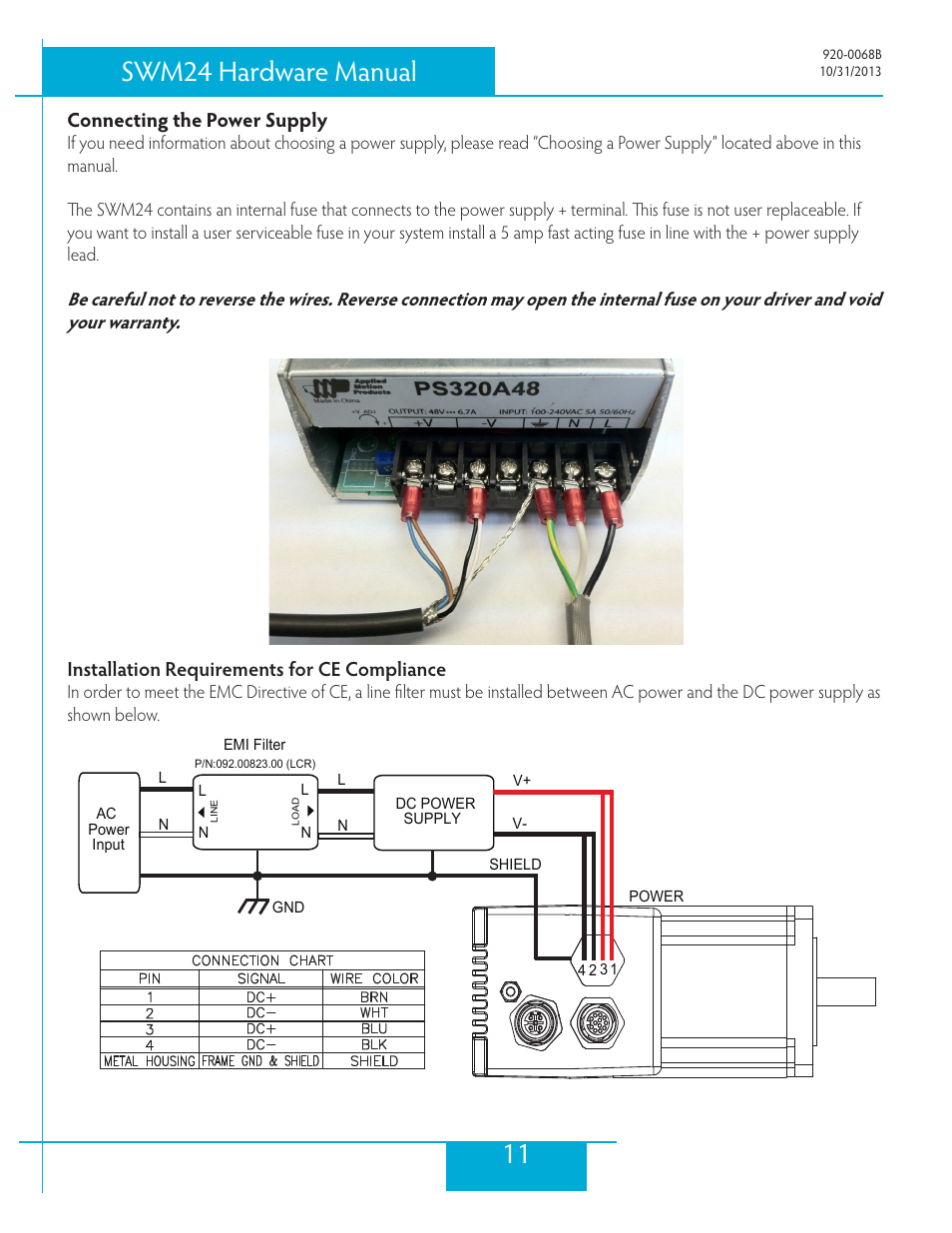 Connecting the power supply, Installation requirements for ce compliance, 11 swm24 hardware manual | Applied Motion SWM24IP-3EE User Manual | Page 11 / 36