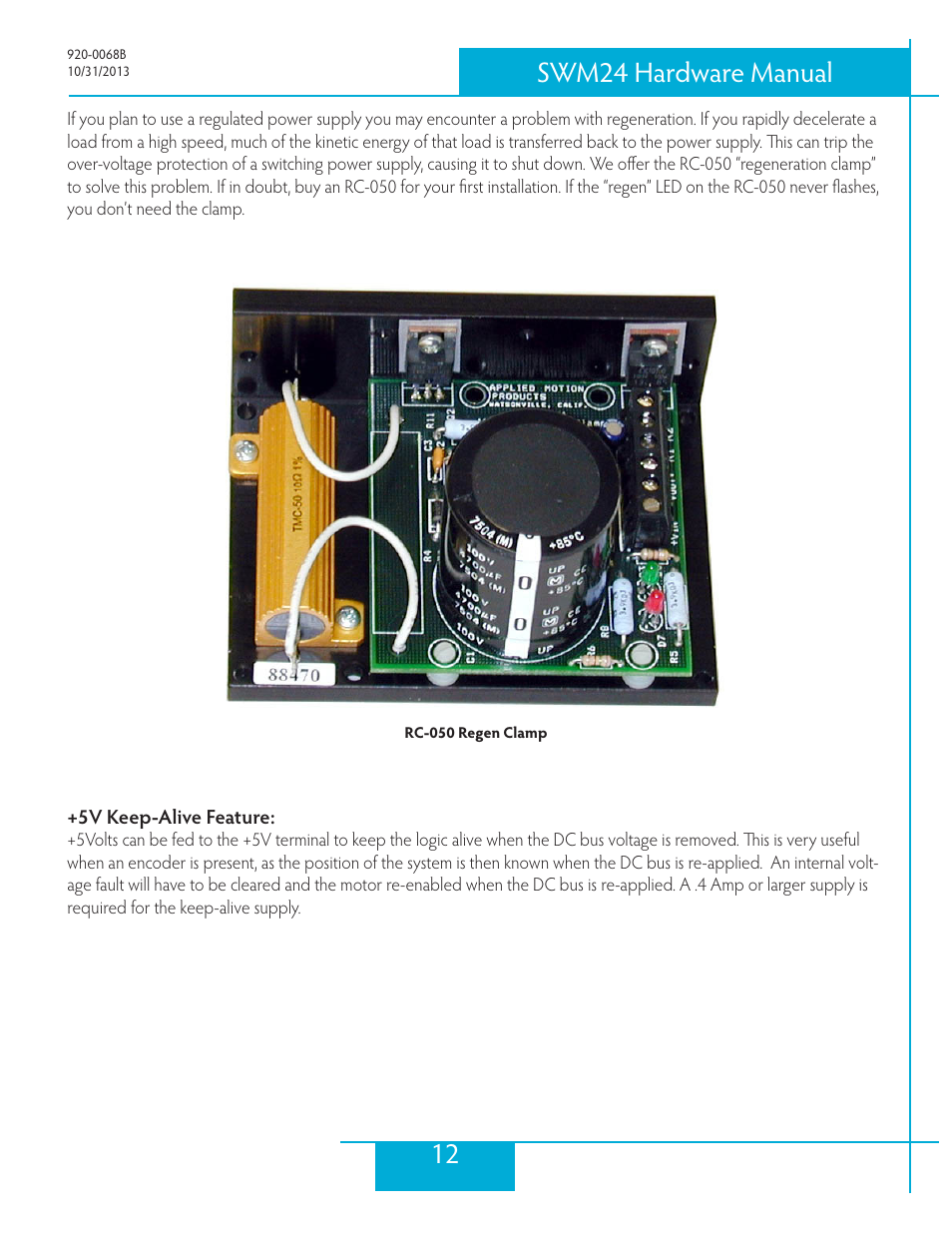 5v keep-alive feature, 12 swm24 hardware manual | Applied Motion SWM24IP-3EE User Manual | Page 12 / 36