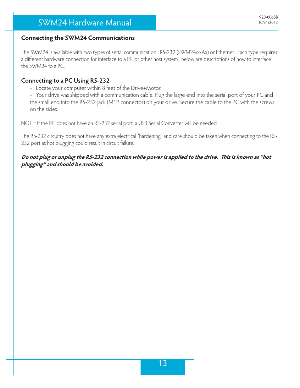 Connecting the swm24 communications, Connecting to a pc using rs-232, 13 swm24 hardware manual | Applied Motion SWM24IP-3EE User Manual | Page 13 / 36