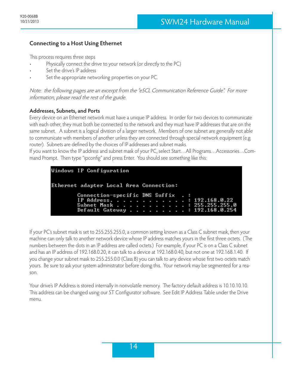 Connecting to a host using ethernet, Addresses, subnets, and ports, 14 swm24 hardware manual | Applied Motion SWM24IP-3EE User Manual | Page 14 / 36