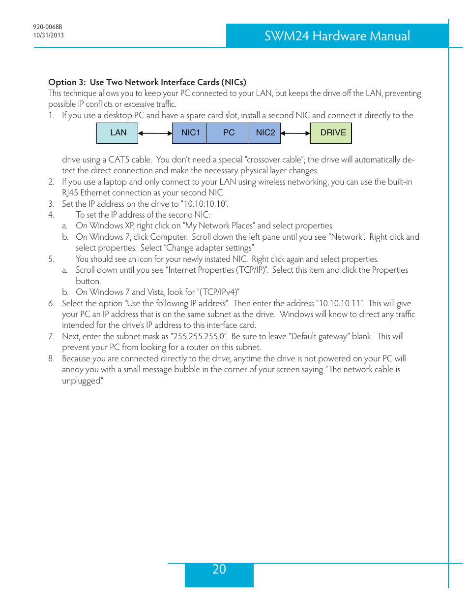 Option 3: use two network interface cards (nics), 20 swm24 hardware manual | Applied Motion SWM24IP-3EE User Manual | Page 20 / 36