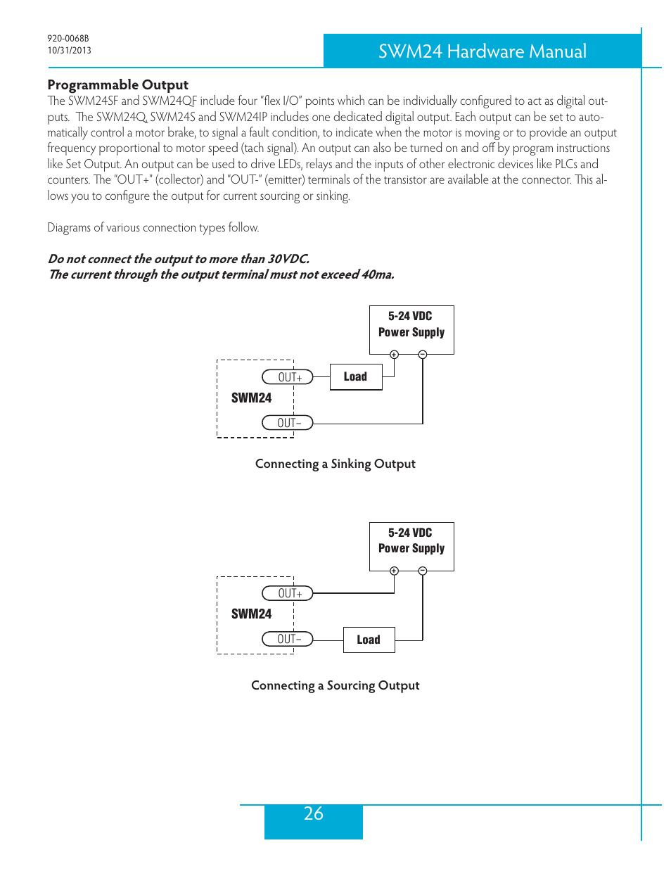 Programmable output, 26 swm24 hardware manual | Applied Motion SWM24IP-3EE User Manual | Page 26 / 36