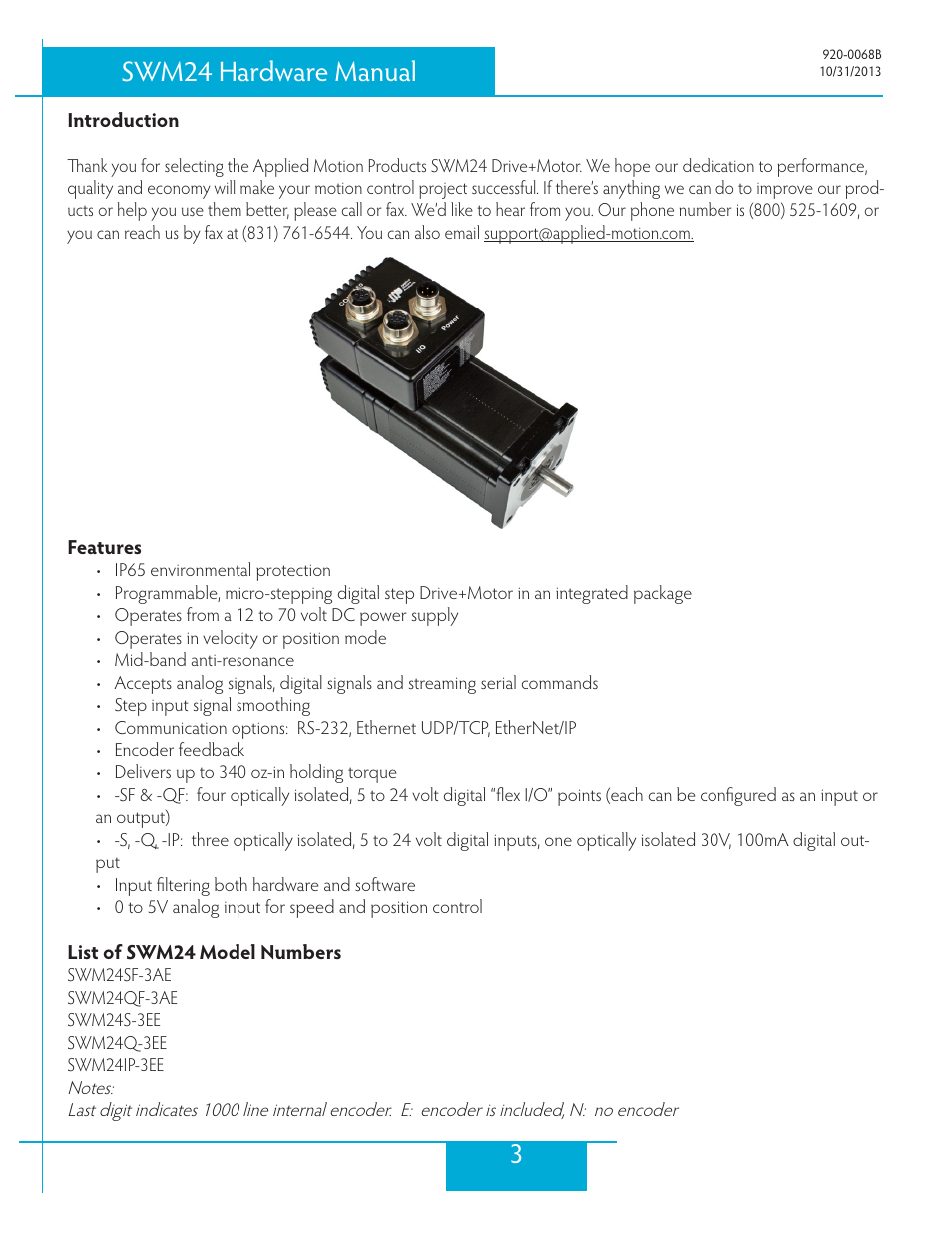 Introduction, Features, List of swm24 model numbers | 3swm24 hardware manual | Applied Motion SWM24IP-3EE User Manual | Page 3 / 36