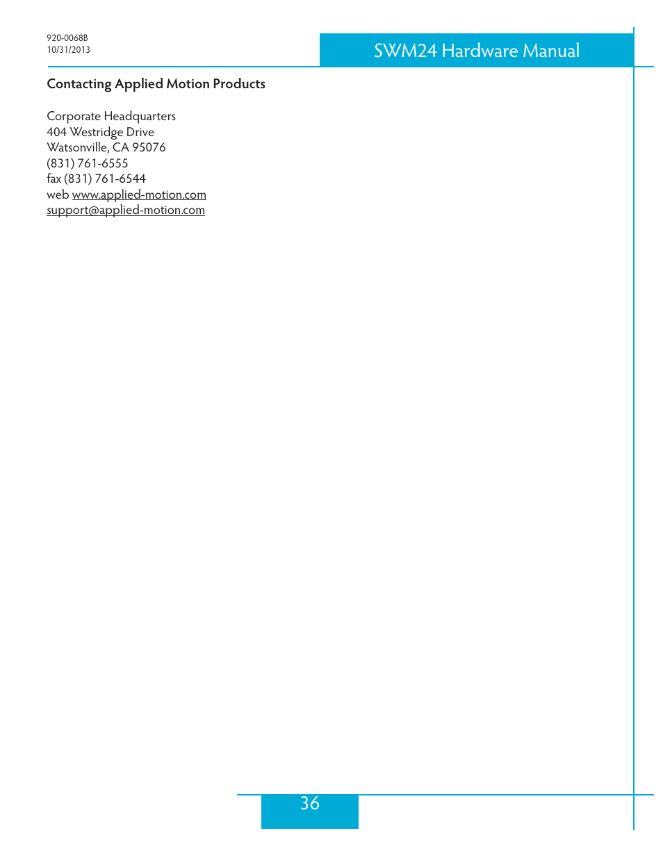 Contacting applied motion products, 36 swm24 hardware manual | Applied Motion SWM24IP-3EE User Manual | Page 36 / 36