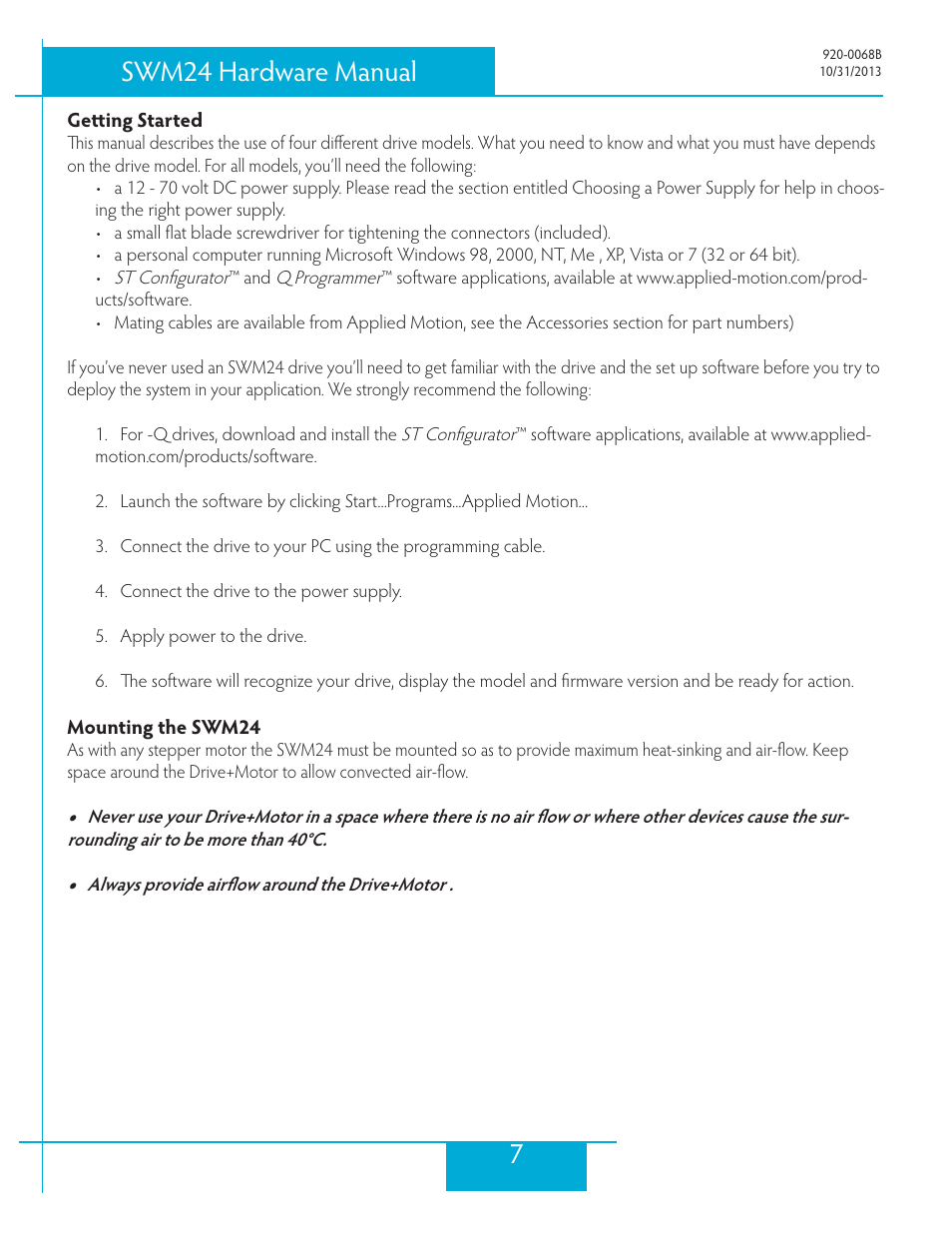 Getting started, Mounting the swm24, 7swm24 hardware manual | Applied Motion SWM24IP-3EE User Manual | Page 7 / 36