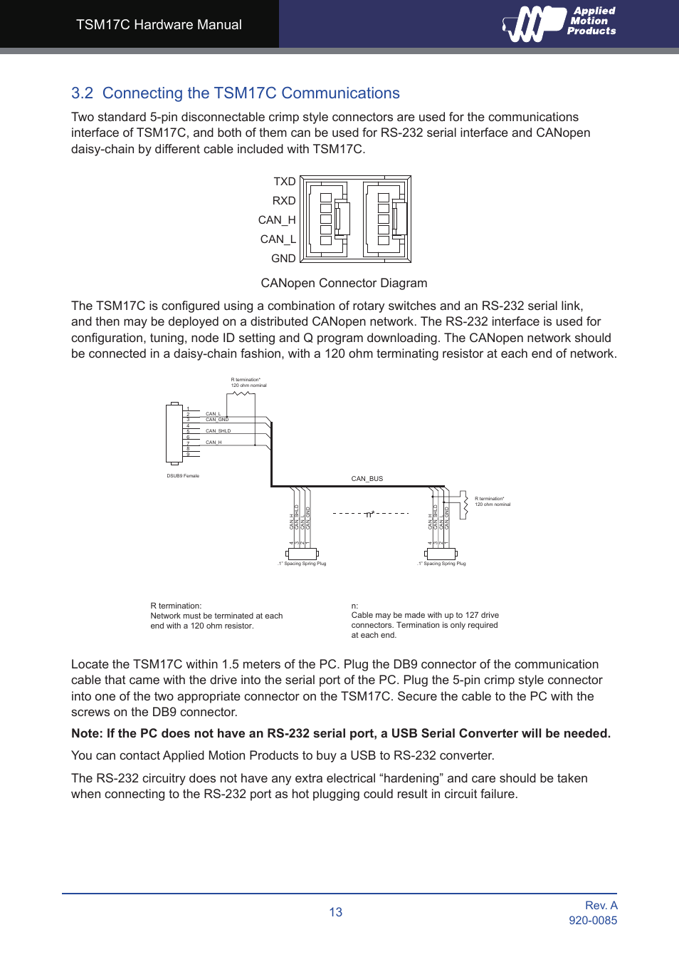 2 connecting the tsm17c communications, Tsm17c hardware manual, Txd rxd can_h can_l gnd | Applied Motion TSM17C-1CG User Manual | Page 13 / 25