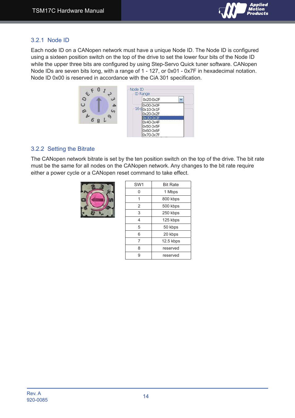 1 node id, 2 setting the bitrate, 1 node id 3.2.2 setting the bitrate | Applied Motion TSM17C-1CG User Manual | Page 14 / 25