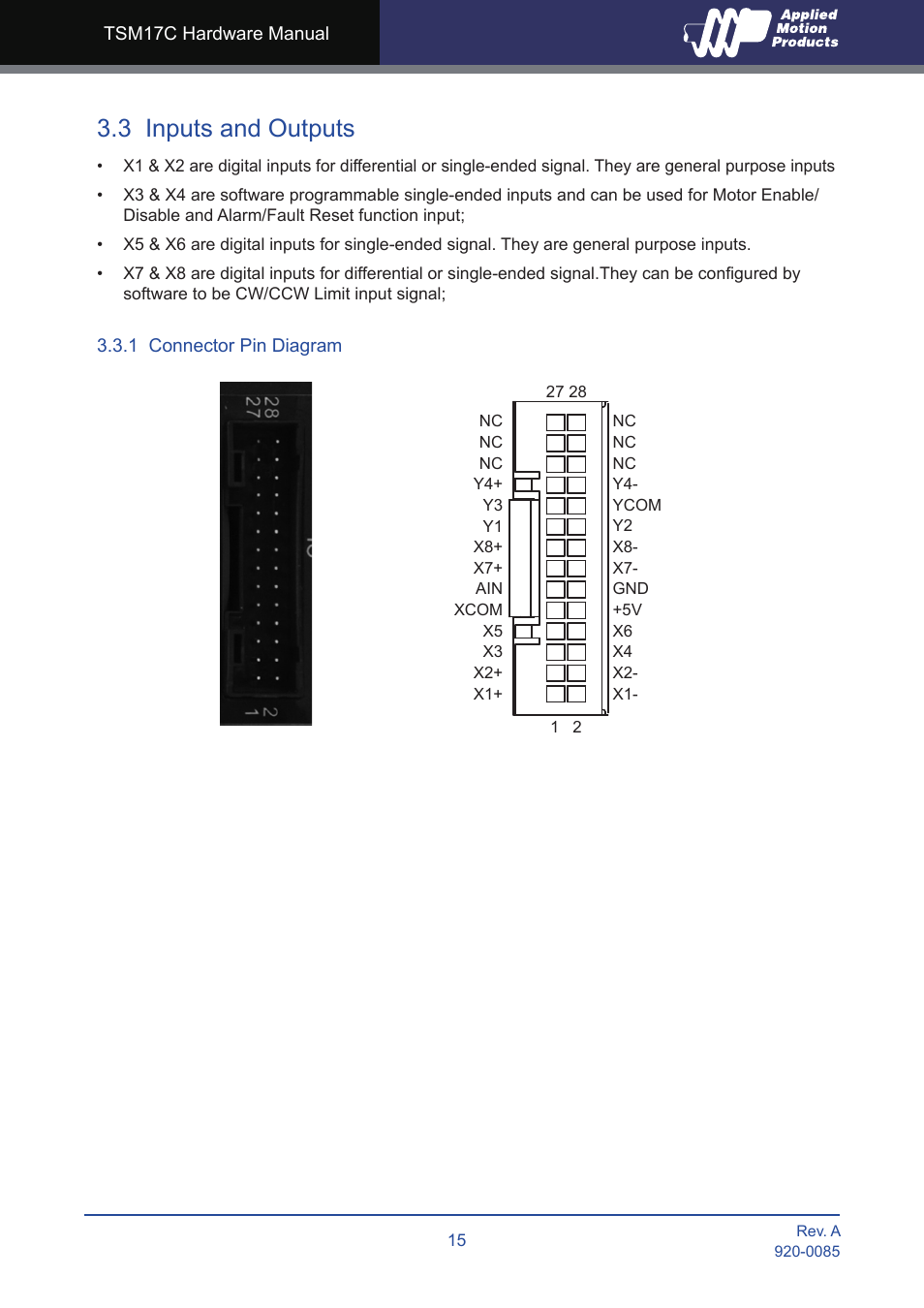 3 inputs and outputs, 1 connector pin diagram | Applied Motion TSM17C-1CG User Manual | Page 15 / 25