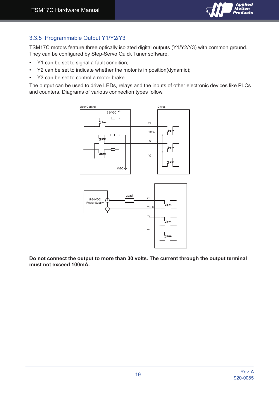 5 programmable output y1/y2/y3 | Applied Motion TSM17C-1CG User Manual | Page 19 / 25