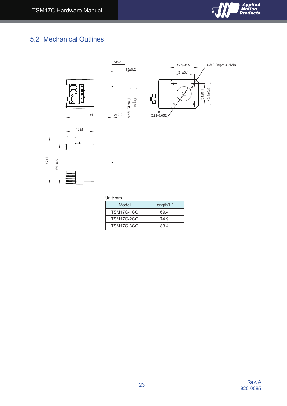 2 mechanical outlines, Tsm17c hardware manual | Applied Motion TSM17C-1CG User Manual | Page 23 / 25