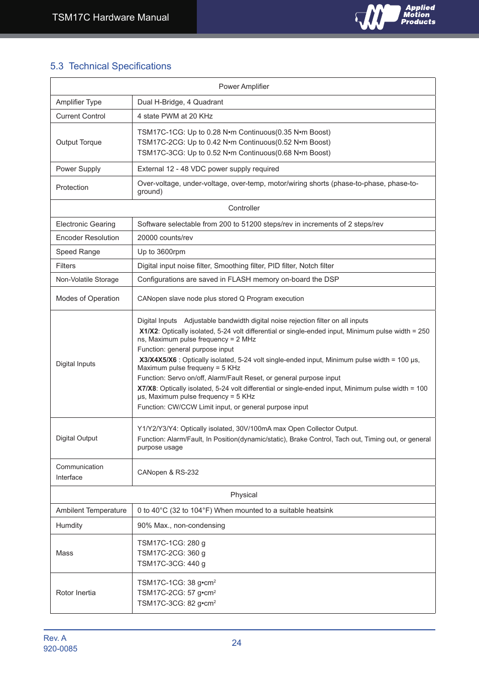 3 technical specifications | Applied Motion TSM17C-1CG User Manual | Page 24 / 25