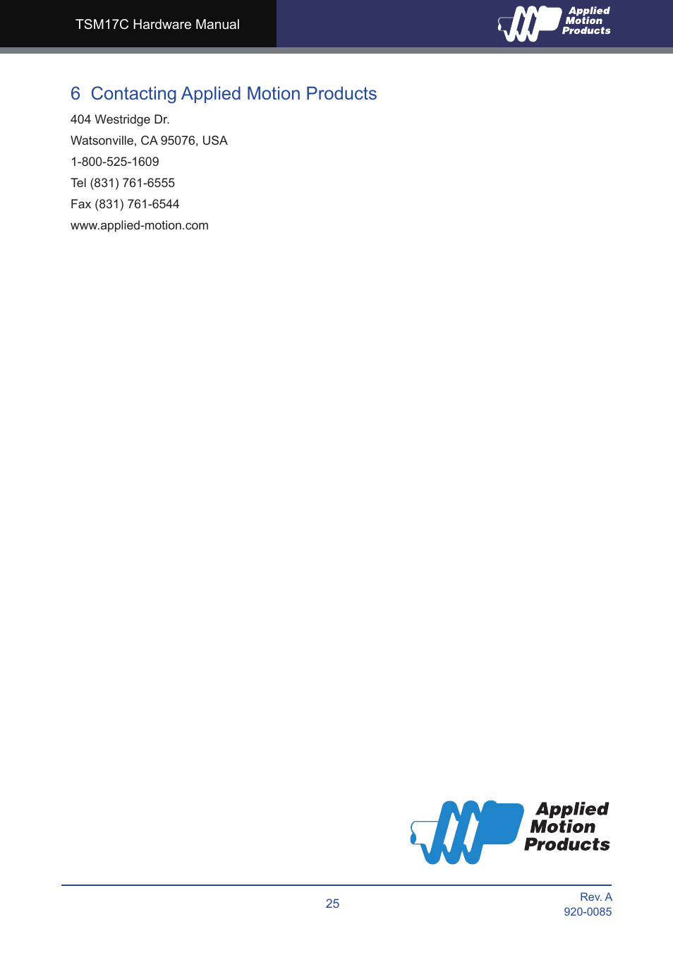 6 contacting applied motion products | Applied Motion TSM17C-1CG User Manual | Page 25 / 25