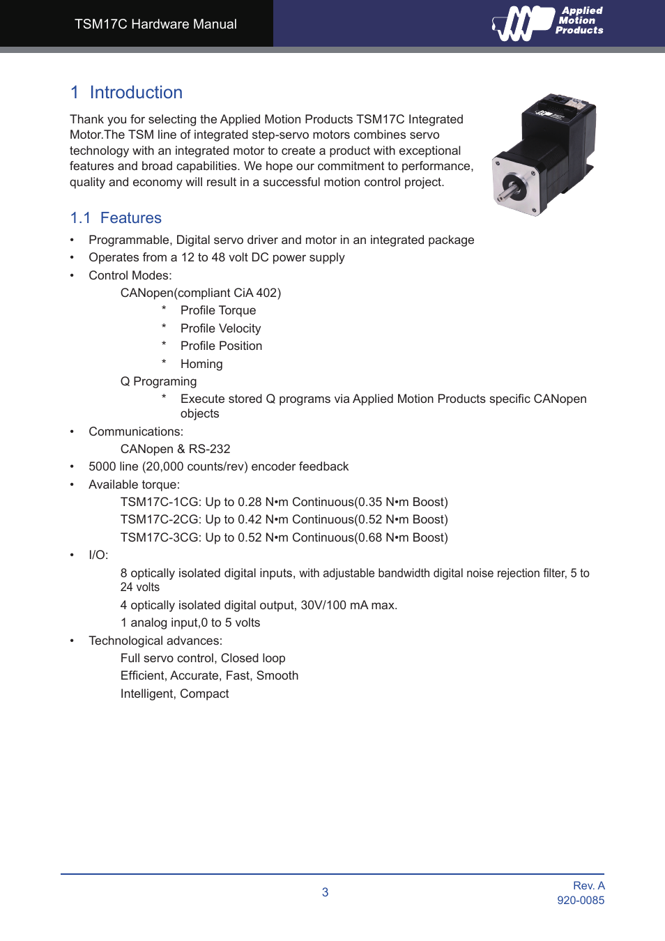 1 introduction, 1 features | Applied Motion TSM17C-1CG User Manual | Page 3 / 25