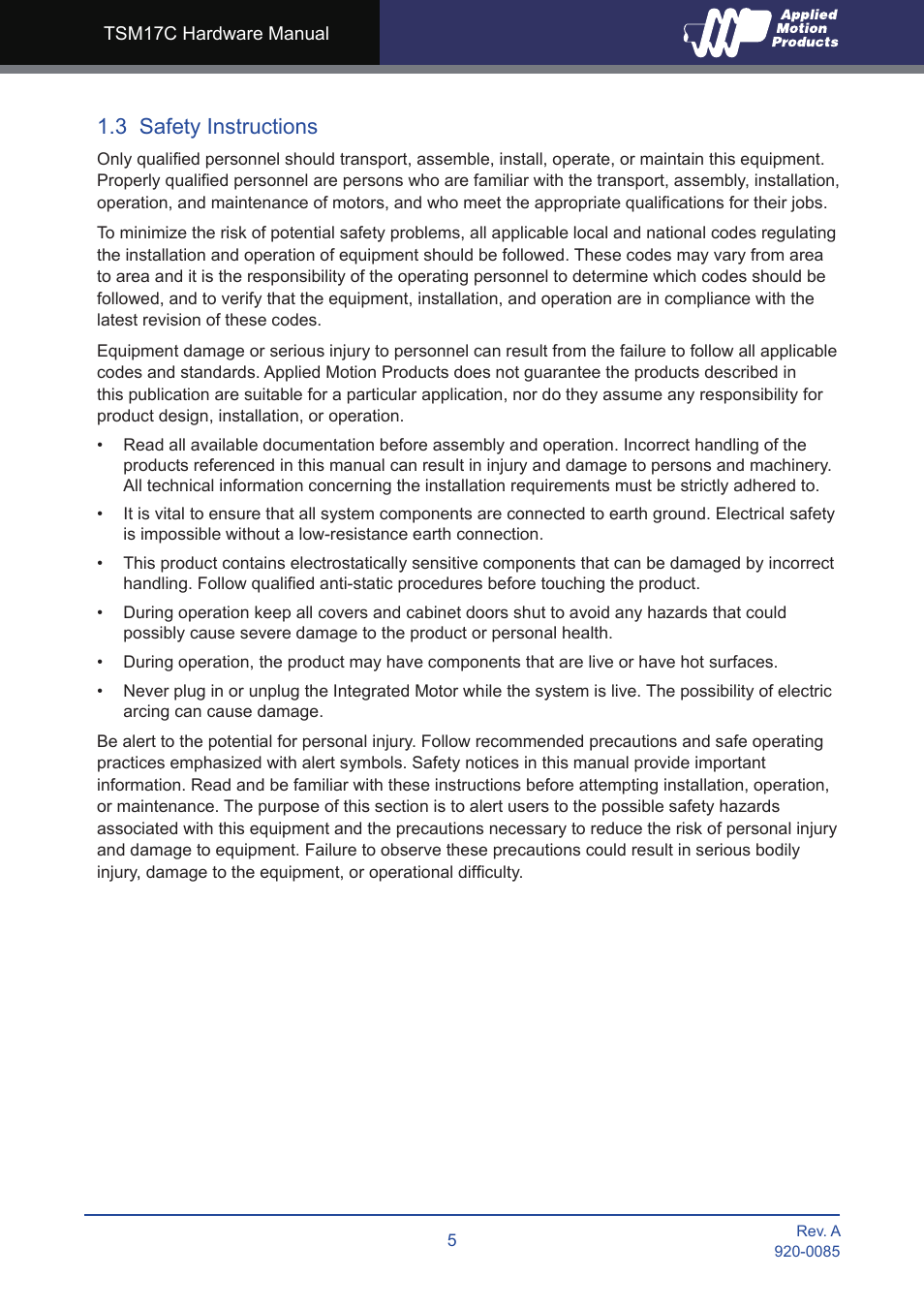 3 safety instructions | Applied Motion TSM17C-1CG User Manual | Page 5 / 25