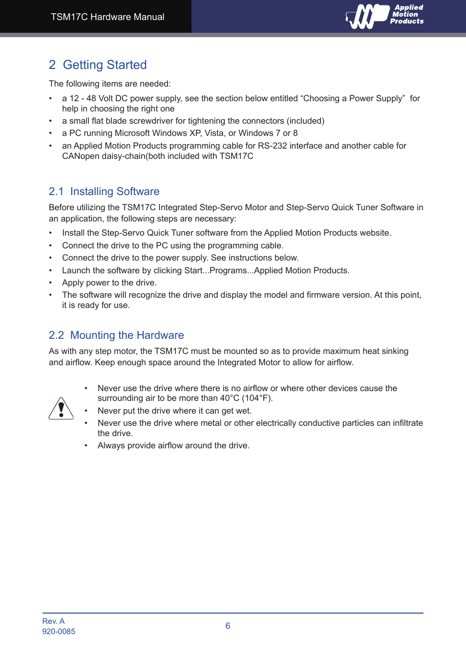 2 getting started, 1 installing software, 2 mounting the hardware | 1 installing software 2.2 mounting the hardware | Applied Motion TSM17C-1CG User Manual | Page 6 / 25