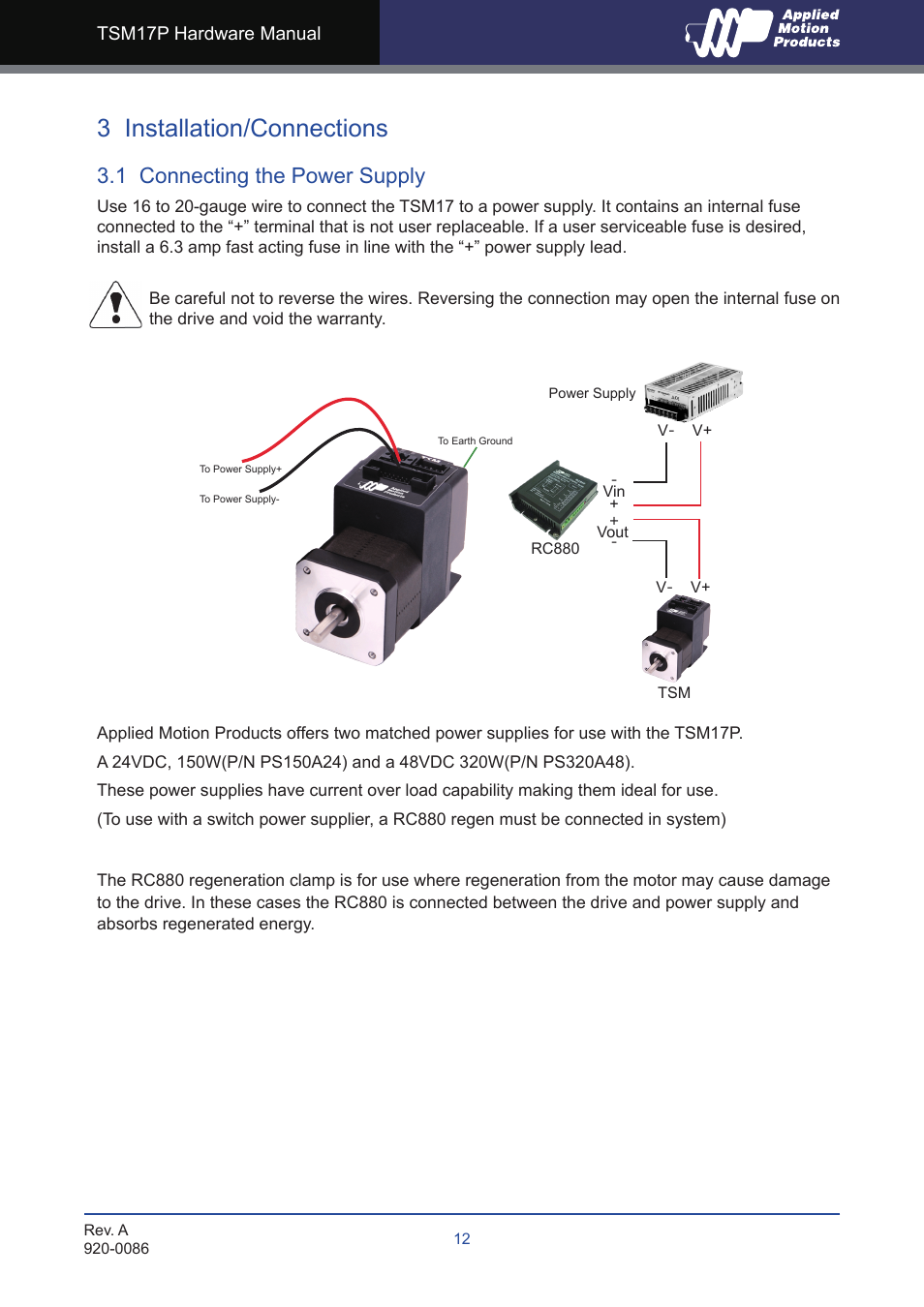 3 installation/connections, 1 connecting the power supply | Applied Motion TSM17P-1AG User Manual | Page 12 / 22