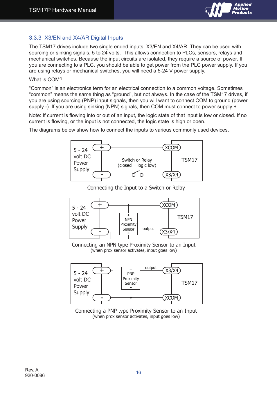 3 x3/en and x4/ar digital inputs | Applied Motion TSM17P-1AG User Manual | Page 16 / 22