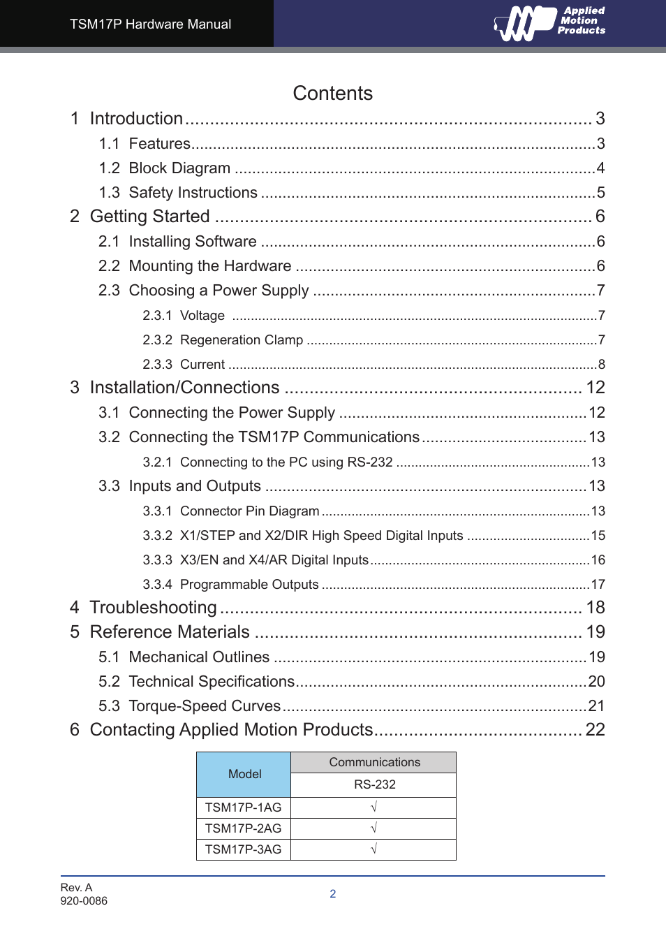 Applied Motion TSM17P-1AG User Manual | Page 2 / 22