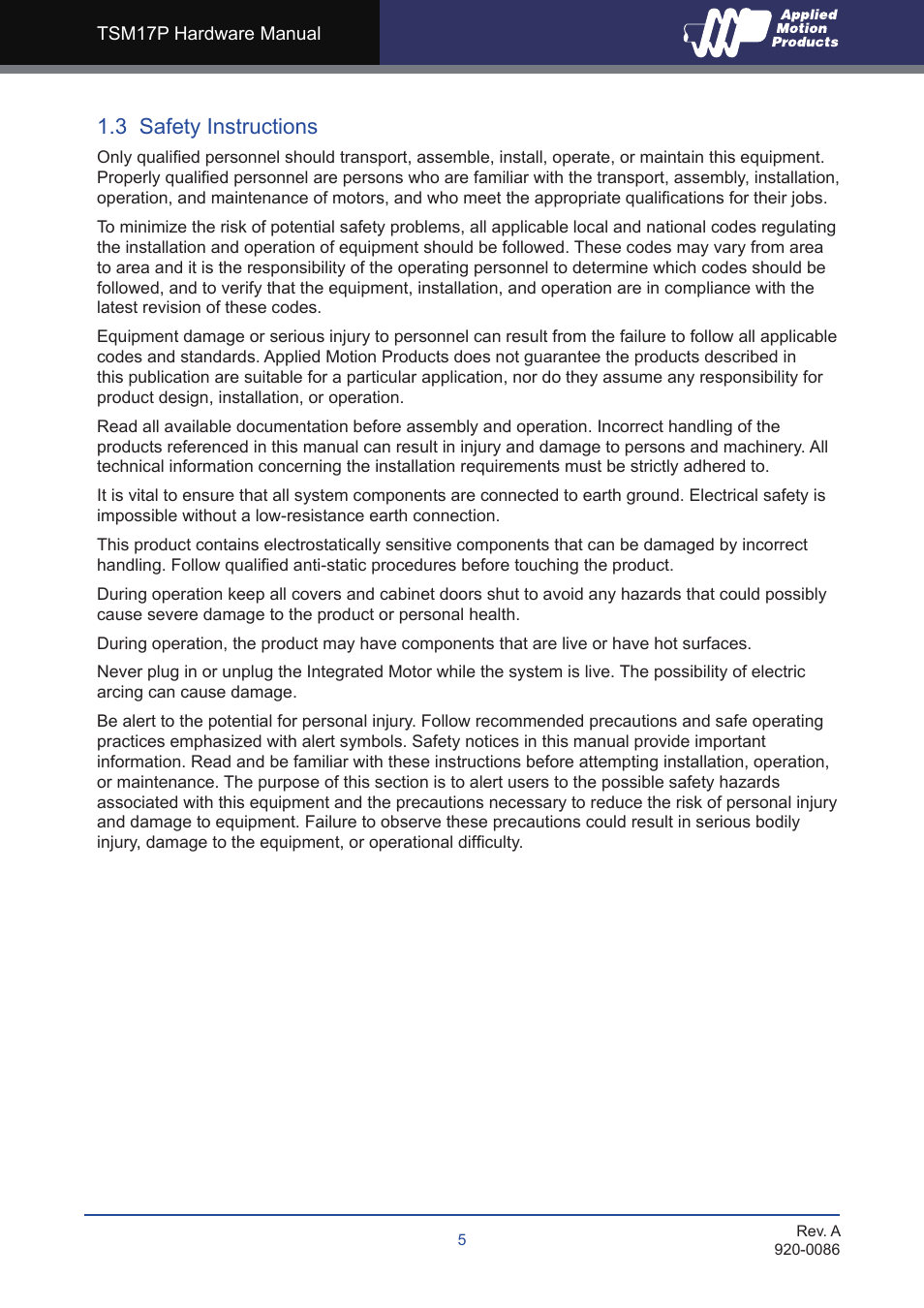 3 safety instructions | Applied Motion TSM17P-1AG User Manual | Page 5 / 22