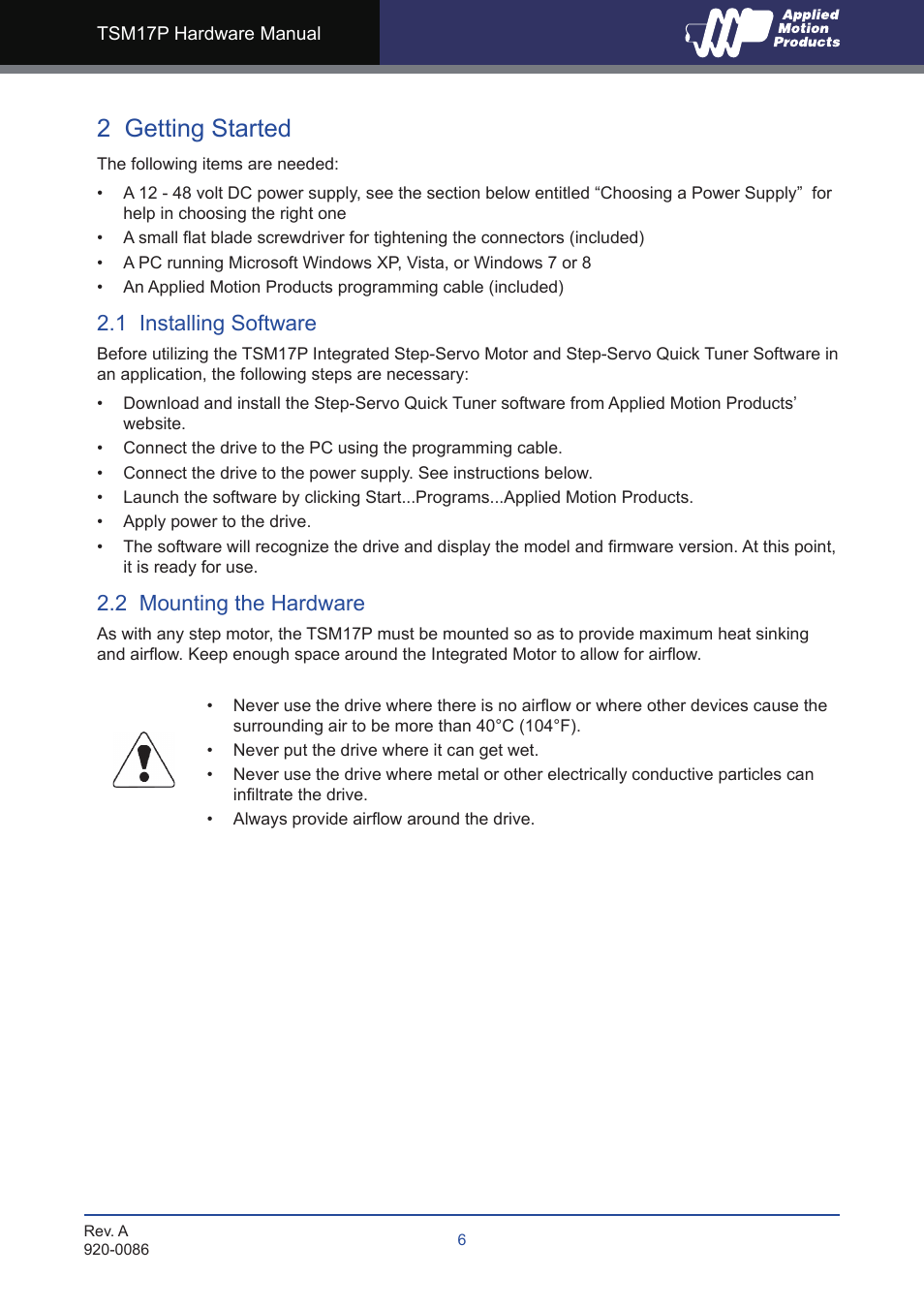 2 getting started, 1 installing software, 2 mounting the hardware | 1 installing software 2.2 mounting the hardware | Applied Motion TSM17P-1AG User Manual | Page 6 / 22