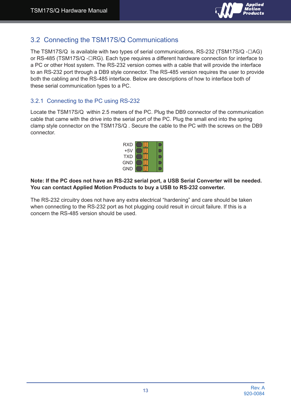 2 connecting the tsm17s/q communications, 1 connecting to the pc using rs-232 | Applied Motion TSM17Q-1AG User Manual | Page 13 / 29