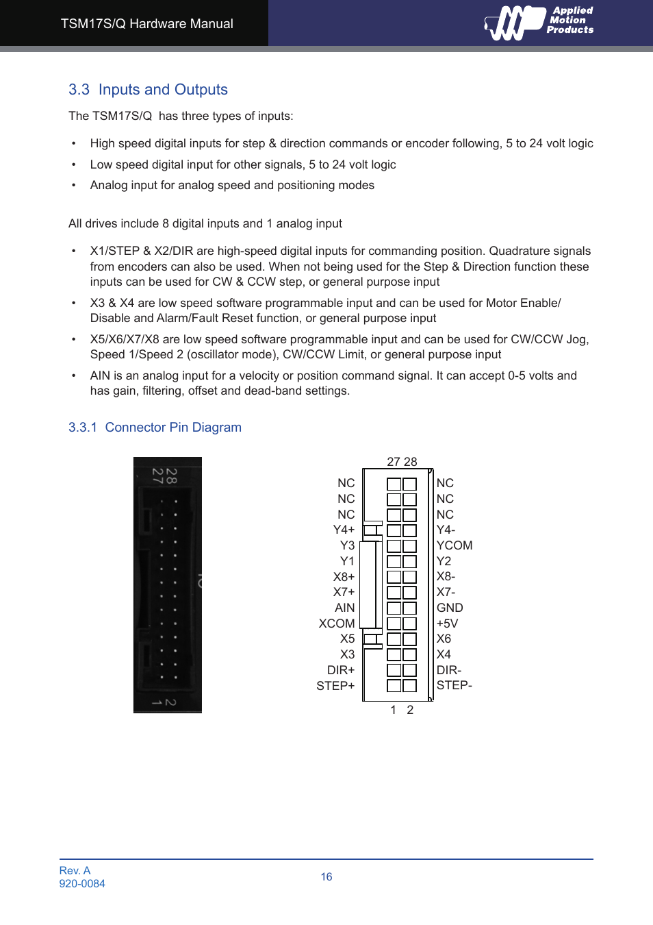 3 inputs and outputs, 1 connector pin diagram | Applied Motion TSM17Q-1AG User Manual | Page 16 / 29