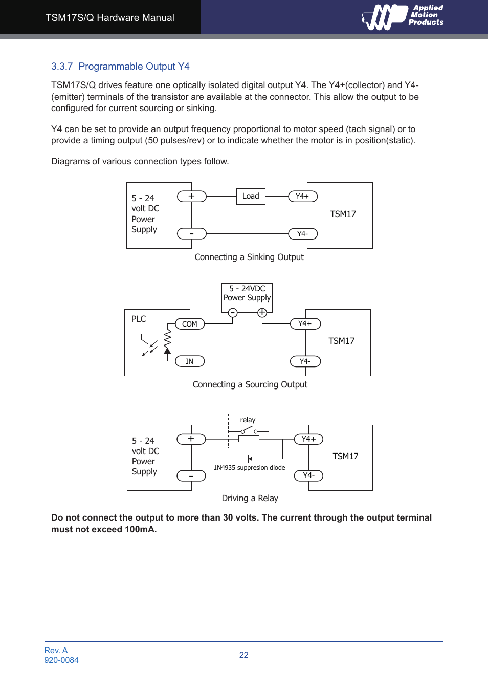 7 programmable output y4 | Applied Motion TSM17Q-1AG User Manual | Page 22 / 29