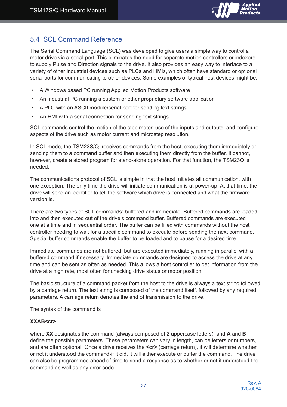 4 scl command reference | Applied Motion TSM17Q-1AG User Manual | Page 27 / 29