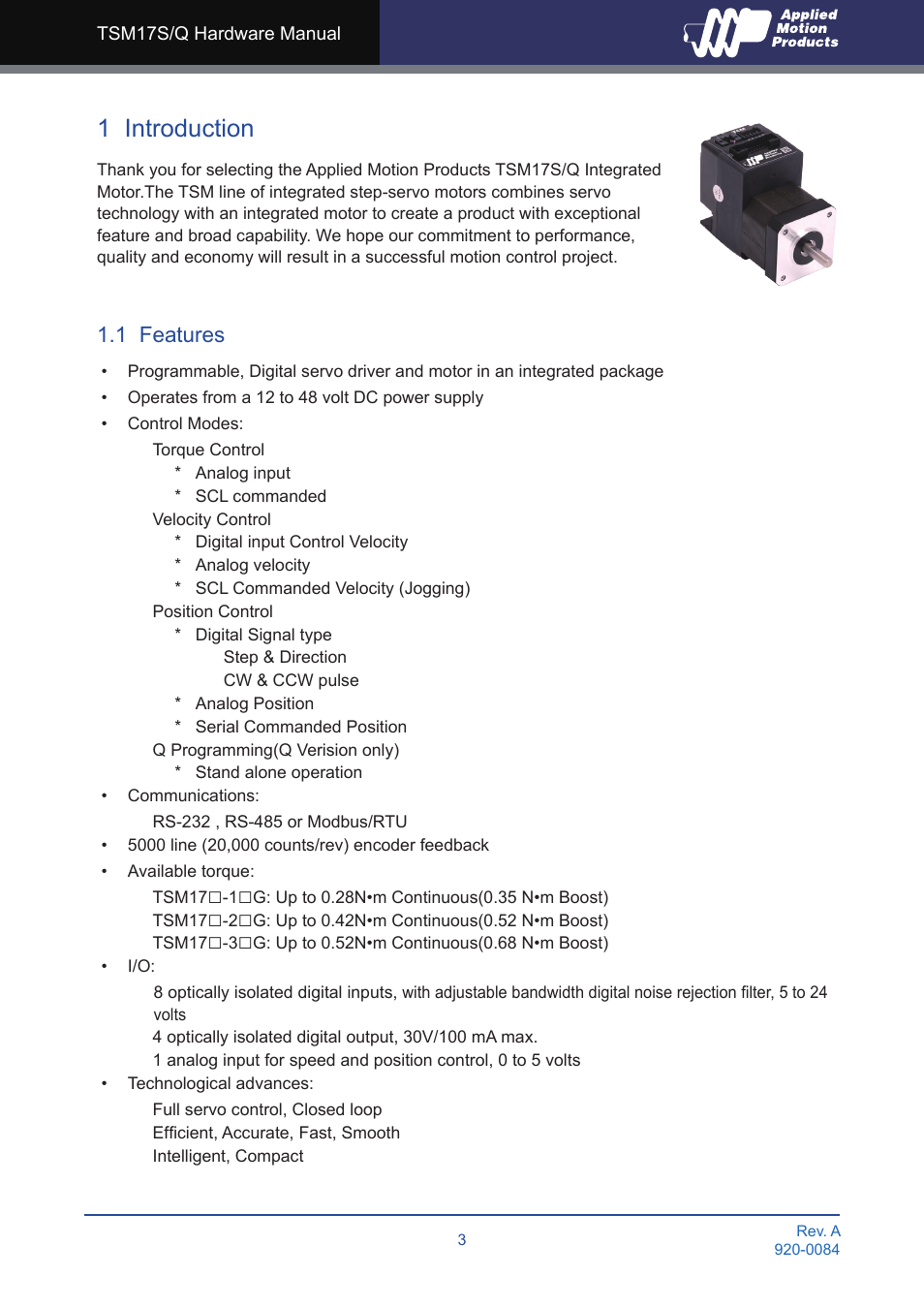 1 introduction, 1 features | Applied Motion TSM17Q-1AG User Manual | Page 3 / 29