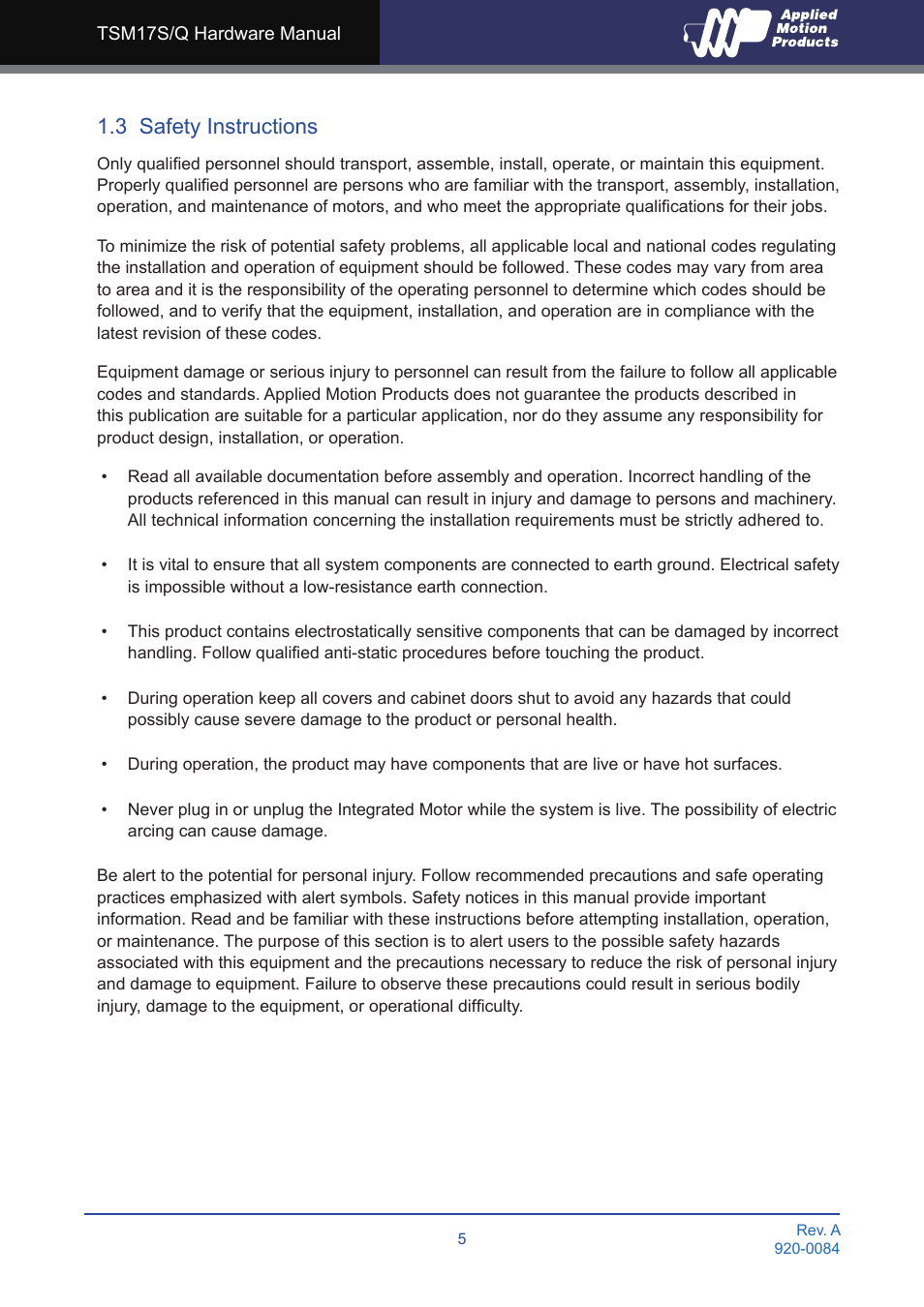 3 safety instructions | Applied Motion TSM17Q-1AG User Manual | Page 5 / 29