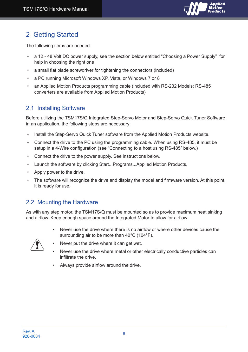 2 getting started, 1 installing software, 2 mounting the hardware | Applied Motion TSM17Q-1AG User Manual | Page 6 / 29