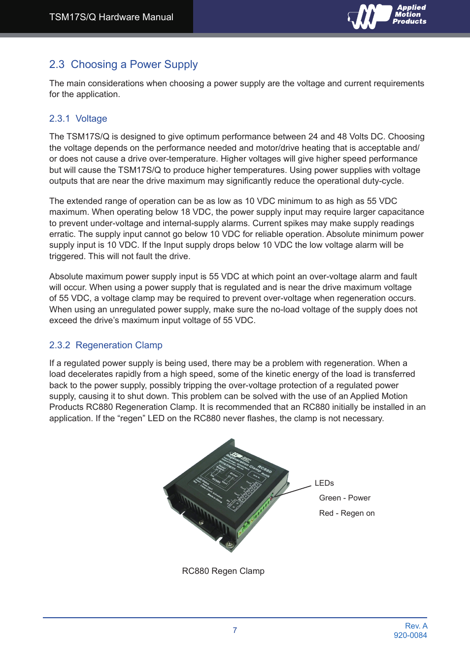 3 choosing a power supply, 1 voltage, 2 regeneration clamp | 1 voltage 2.3.2 regeneration clamp | Applied Motion TSM17Q-1AG User Manual | Page 7 / 29