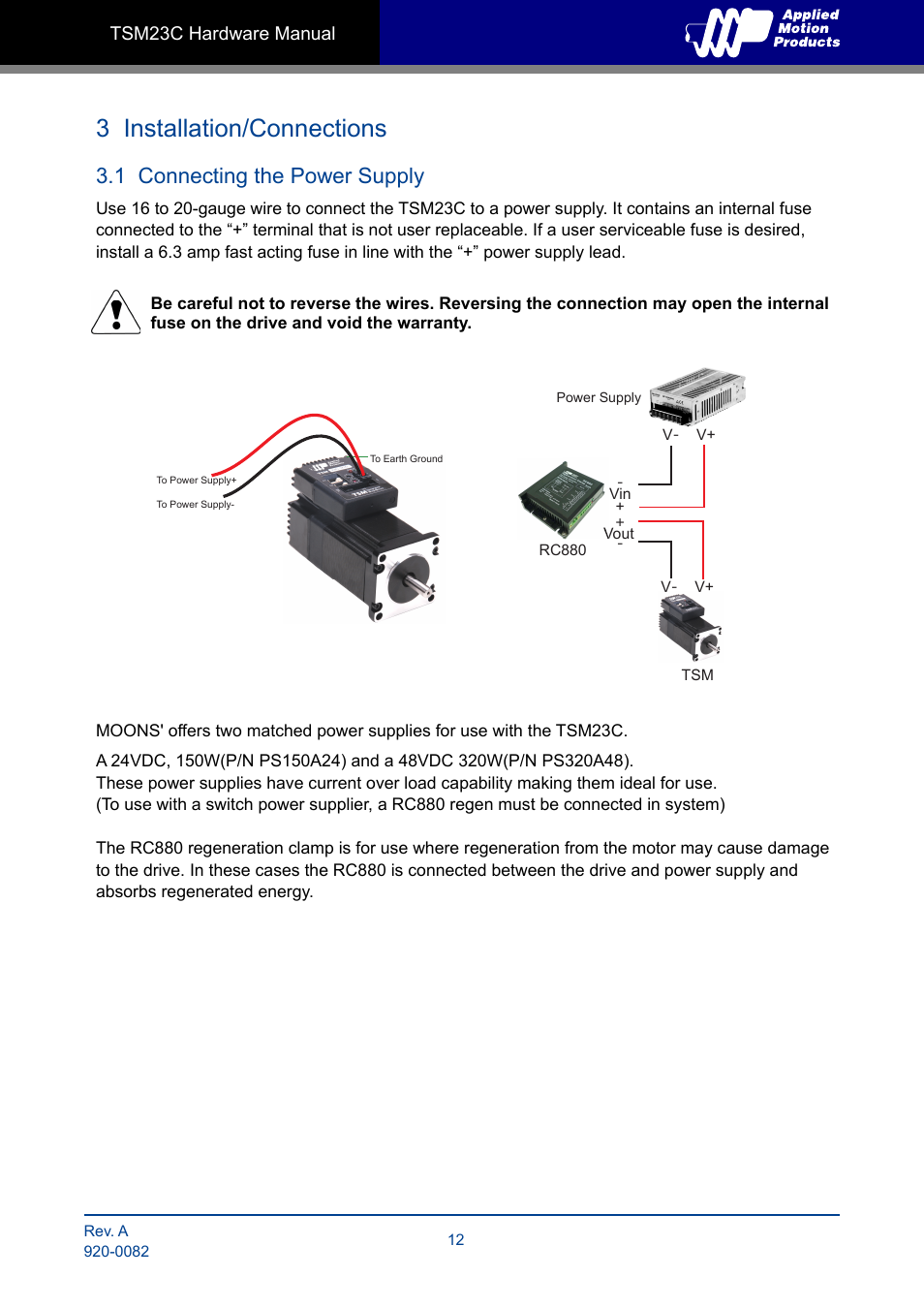 3 installation/connections, 1 connecting the power supply | Applied Motion TSM23C-2CG User Manual | Page 12 / 25