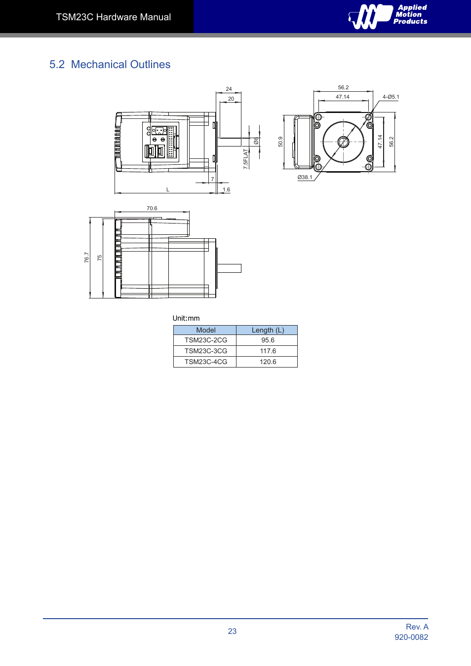 2 mechanical outlines, Tsm23c hardware manual | Applied Motion TSM23C-2CG User Manual | Page 23 / 25